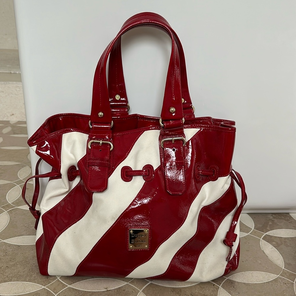 Dooney & Bourke Large Red Patent Leather/White Canvas Striped Tote EUC